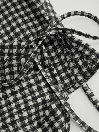 Gingham Stand Collar Asymmetrical Hem Ruched Knotted Top