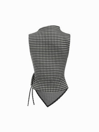 Gingham Stand Collar Asymmetrical Hem Ruched Knotted Top
