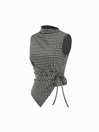 Gingham Stand Collar Asymmetrical Hem Ruched Knotted Top