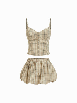 Cotton-blend Plaid Sweetheart Cami Top & Low Rise Bubble Mini Skirt Set