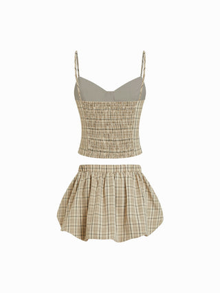 Cotton-blend Plaid Sweetheart Cami Top & Low Rise Bubble Mini Skirt Set