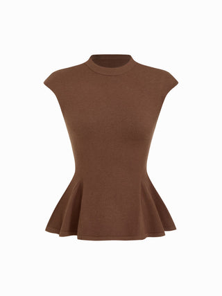 Knit Stand Collar Peplum Hem Short Sleeve Top