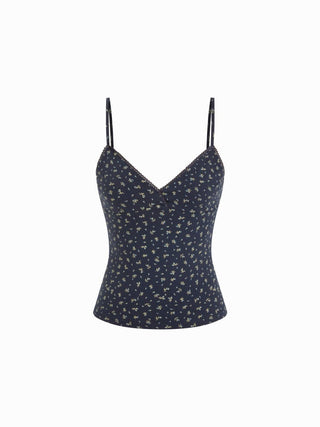 Cotton-blend Floral V-neck Lace Trim Cami Top