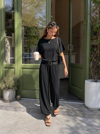 Cotton-blend Boat Neck Short Sleeve Mid Rise Jogger Jumpsuit