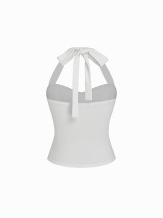 Cotton Polka Dot Halter Neck Ruched Tie Back Top