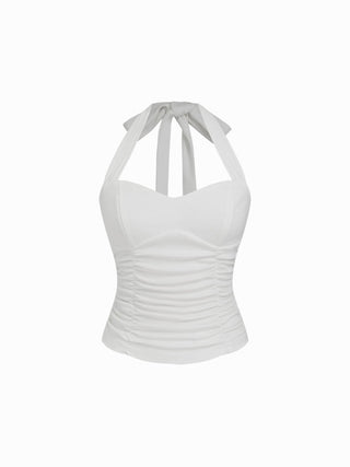 Cotton Polka Dot Halter Neck Ruched Tie Back Top