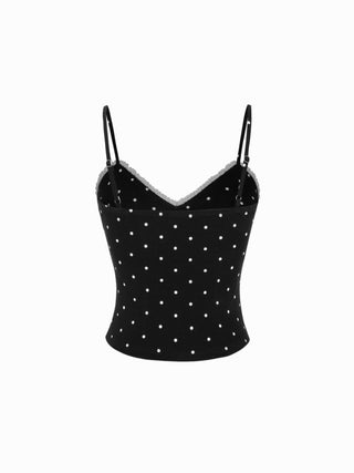 Cotton-blend V-neck Lace Trim Ruched Bowknot Cami Top