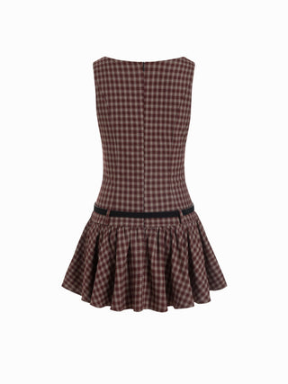 Plaid Boat Neck Drawstring Low Rise A-line Mini Dress
