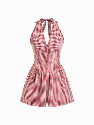 Gingham Halter Neckline Shirred Romper