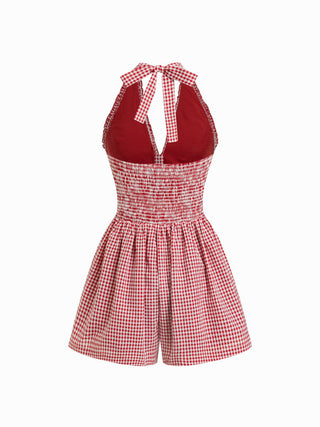 Gingham Halter Neckline Shirred Romper