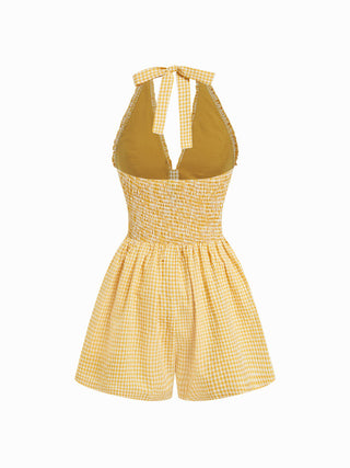Gingham Halter Neckline Shirred Romper