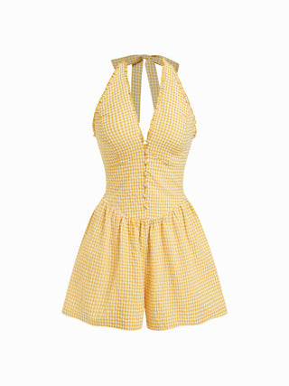 Gingham Halter Neckline Shirred Romper