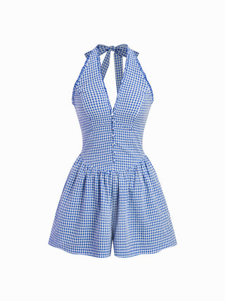 Gingham Halter Neckline Shirred Romper