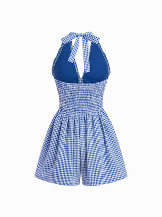 Gingham Halter Neckline Shirred Romper