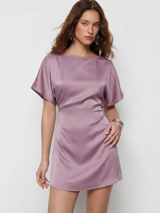 Satin Boat Neck Batwing Sleeve Oversized Mini Dress