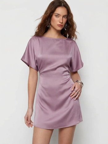 Satin Boat Neck Batwing Sleeve Oversized Mini Dress