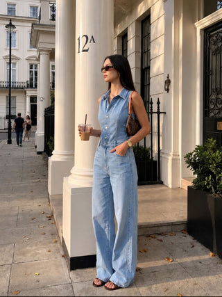Denim High Rise Washed Metal Detail Wide Leg Jumpsuit
