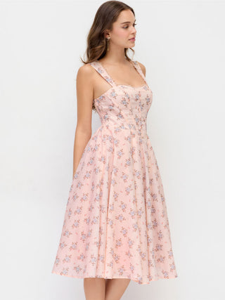 Cotton-blend Floral Square Neck Lace Trim Corset A-line Midi Dress