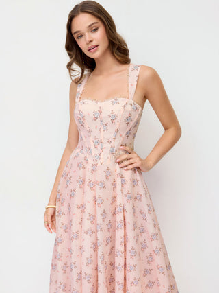 Cotton-blend Floral Square Neck Lace Trim Corset A-line Midi Dress