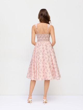 Cotton-blend Floral Square Neck Lace Trim Corset A-line Midi Dress