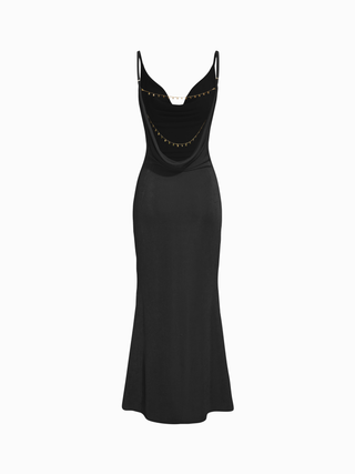 Cowl Neck Backless Chain Detail Cami Mermaid Maxi Dress