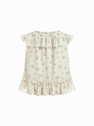 Chiffon Ditsy Floral Tie Front Ruffle Hem Crop Tank Blouse