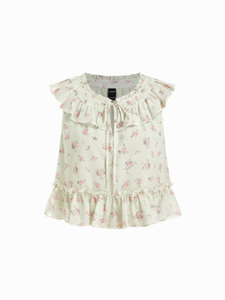 Chiffon Ditsy Floral Tie Front Ruffle Hem Crop Tank Blouse