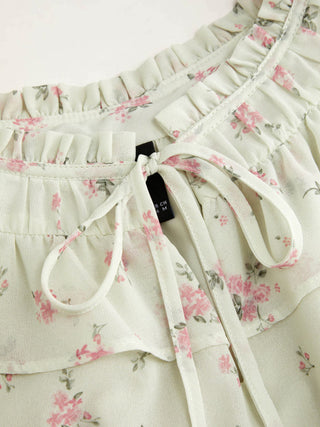 Chiffon Ditsy Floral Tie Front Ruffle Hem Crop Tank Blouse