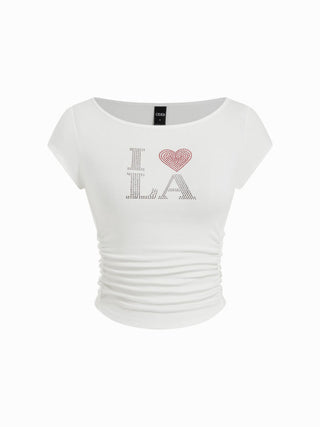 I LOVE LA Graphic Rhinestone Ruched Short Sleeve Top