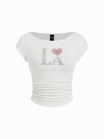 I LOVE LA Graphic Rhinestone Ruched Short Sleeve Top