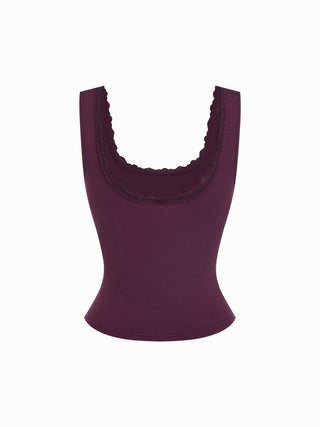 High Stretch Cotton-blend Scoop Neckline Lace Trim Tank Top