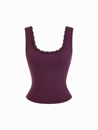 High Stretch Cotton-blend Scoop Neckline Lace Trim Tank Top