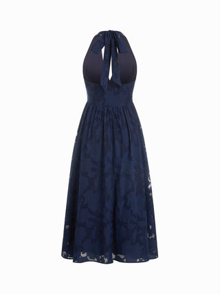 Jacquard Floral Halter Neckline Backless Flared Maxi Dress