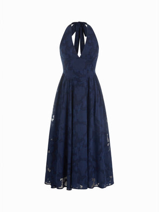 Jacquard Floral Halter Neckline Backless Flared Maxi Dress