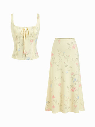 Floral Square Neck Drawstring Tank Top & Mid Rise Maxi Skirt Set