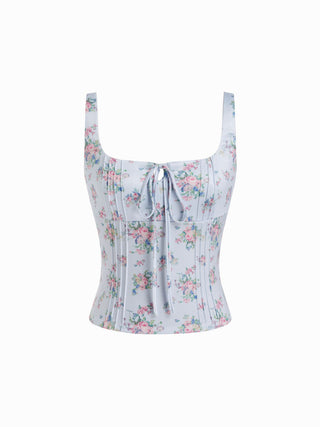Floral Square Neck Drawstring Tank Top & Mid Rise Maxi Skirt Set
