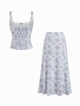 Floral Square Neck Drawstring Tank Top & Mid Rise Maxi Skirt Set