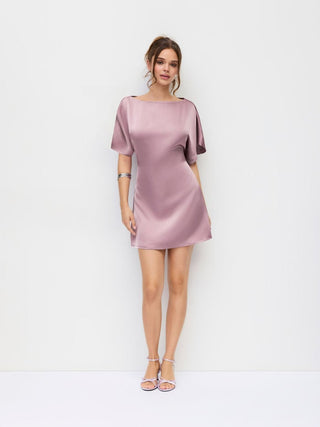 Satin Boat Neck Batwing Sleeve Oversized Mini Dress