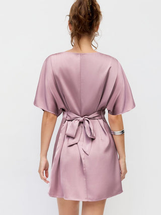 Satin Boat Neck Batwing Sleeve Oversized Mini Dress
