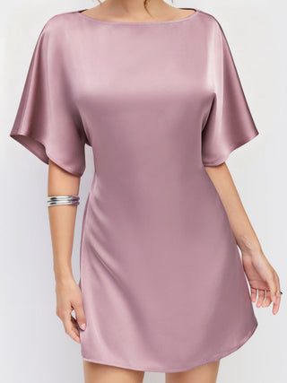 Satin Boat Neck Batwing Sleeve Oversized Mini Dress