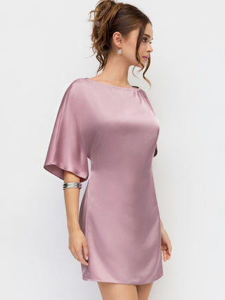 Satin Boat Neck Batwing Sleeve Oversized Mini Dress