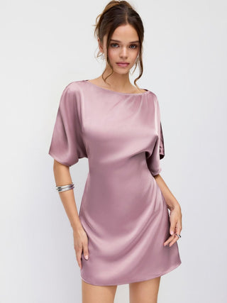 Satin Boat Neck Batwing Sleeve Oversized Mini Dress