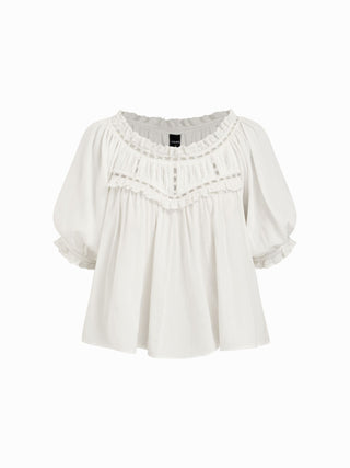 Linen-blend Ruffle Puff Sleeve Embroidery Oversized Blouse