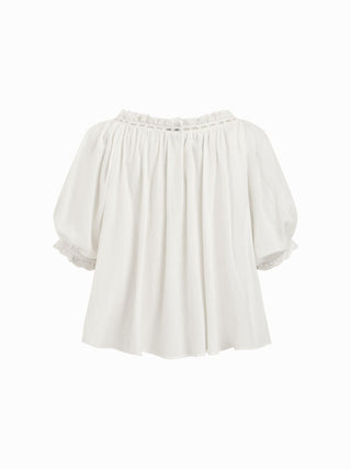 Linen-blend Ruffle Puff Sleeve Embroidery Oversized Blouse