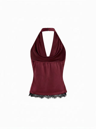 Satin Halter Neck Lace Trim Ruched Top