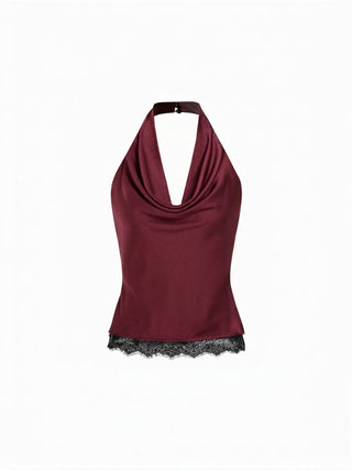 Satin Halter Neck Lace Trim Ruched Top