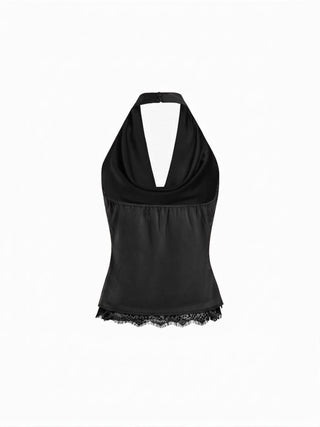 Satin Halter Neck Lace Trim Ruched Top