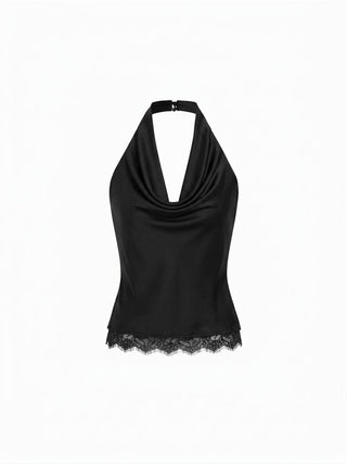 Satin Halter Neck Lace Trim Ruched Top