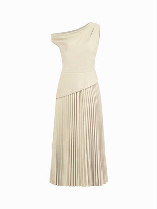 Asymmetrical Neck Pleated Flared Maxi Dress