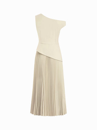 Asymmetrical Neck Pleated Flared Maxi Dress